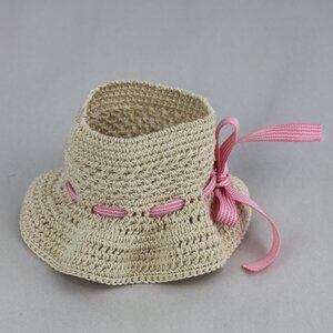 Crocheted Cream Open Top Doll Hat with Pink Ribbon Made for Labubu